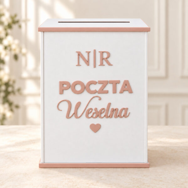 Pudełko na koperty ślubne - wysokie Poczta Weselna różowe akcenty