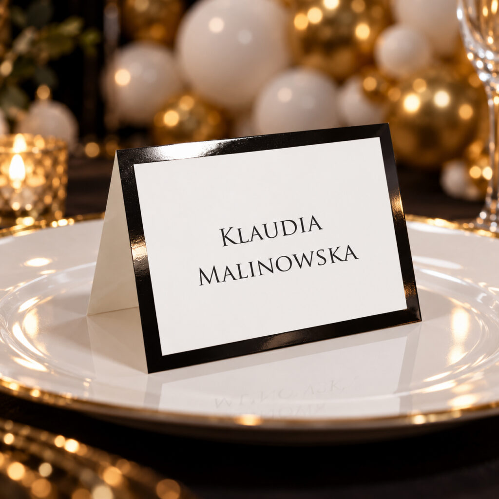 Winietki stołowe GLAMOUR z lustrzaną CZARNĄ RAMKĄ