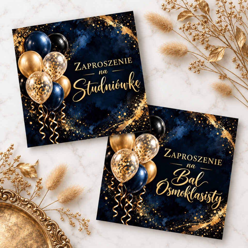 Zaproszenie na Bal Ósmoklasisty / Studniówkę - granat z balonami GLAMOUR
