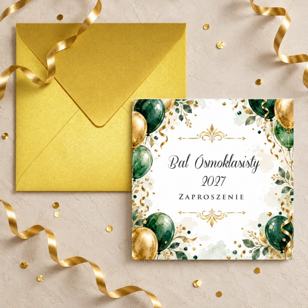 Zaproszenie na Bal Ósmoklasisty zielono złote balony