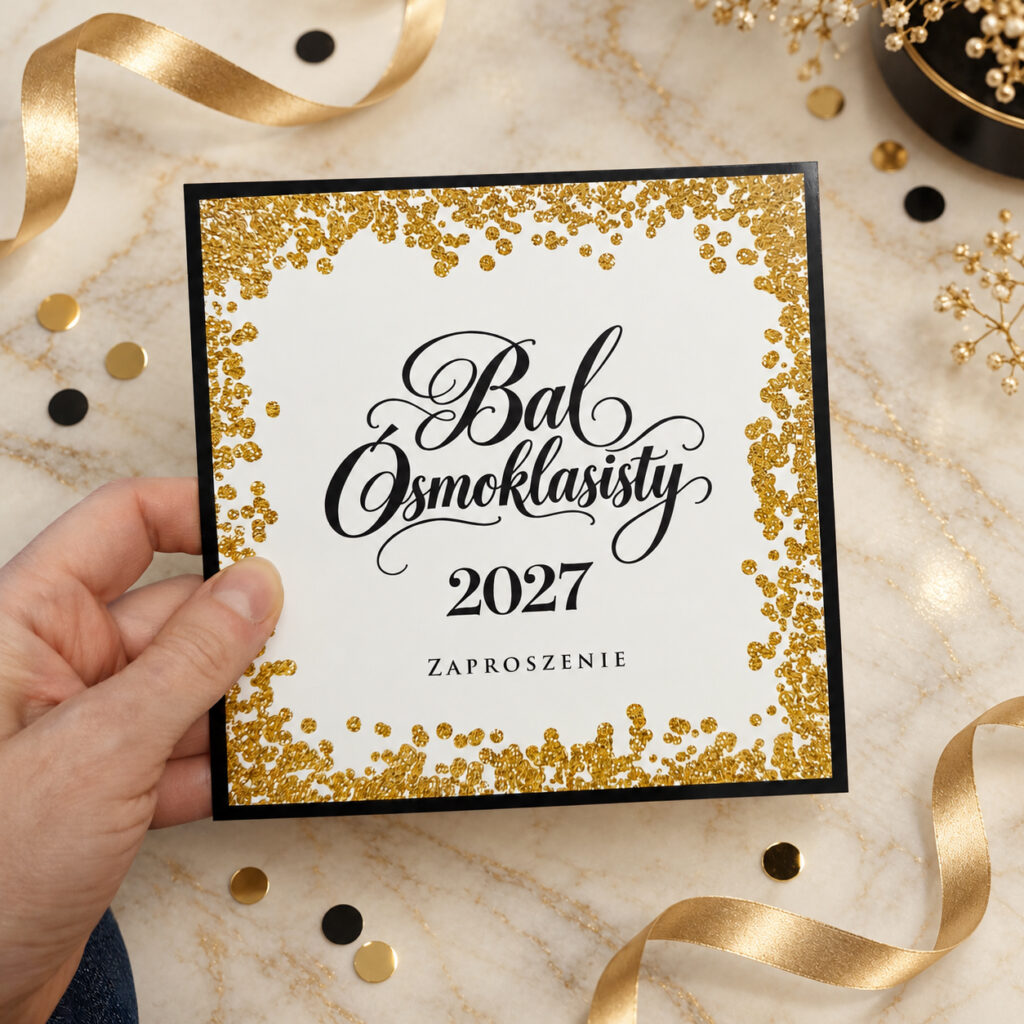 Zaproszenie na Bal Ósmoklasisty lub Studniówkę - złote confetti