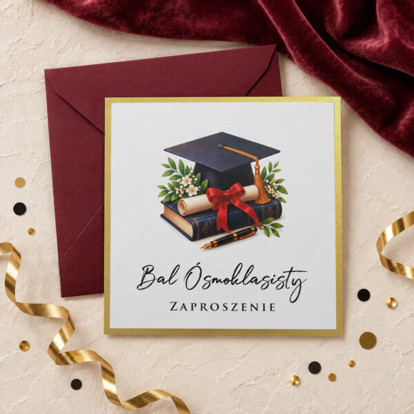 Zaproszenie na Bal Ósmoklasisty / Studniówkę eleganckie z perłową ramką