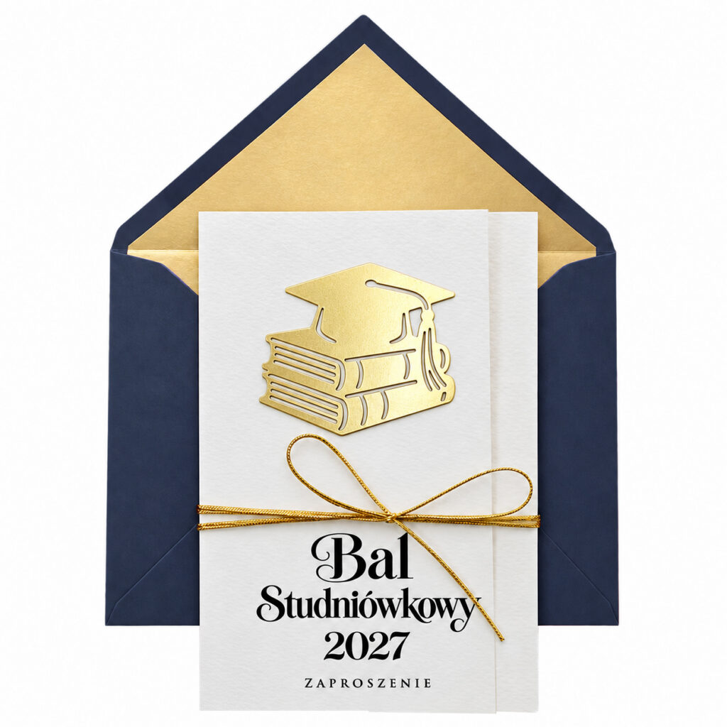Zaproszenie na Bal Ósmoklasisty / Studniówkę eleganckie ze złotym sznurkiem - ZŁOTY BIRET